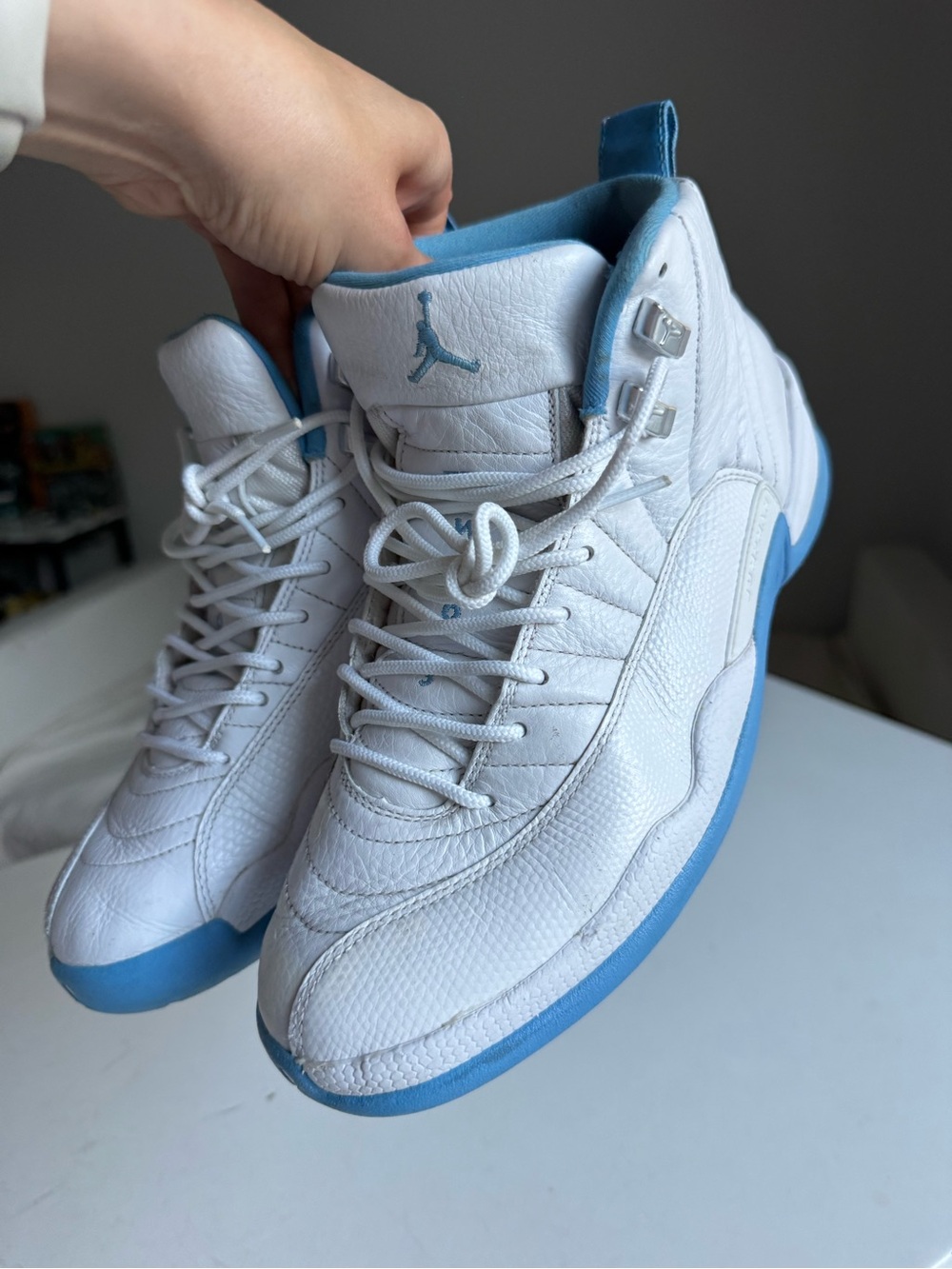 Air Jordan Kids' Retro 12 White and University Blue Sneakers - Picture 3 of 10